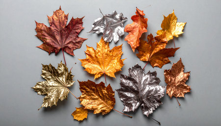 A stunning collection of autumn leaves transformed into precious objects. Each leaf, painted in shimmering metallic shades of gold, silver, and copper, lies scattered on a sleek gray surface, creating a modern and elegant take on seasonal decor. This flat lay captures a unique blend of natures beauty and artistic creativity.の素材
