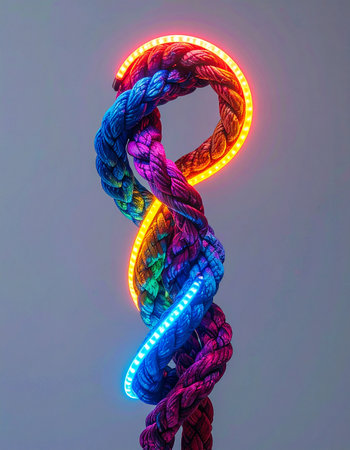 A vibrant strand of LED light weaves through a colorful, twisted rope, creating a dynamic visual metaphor for the fusion of technology and nature. This abstract double helix represents concepts like data flow, genetic innovation, and the interconnectedness of modern systems, glowing with futuristic energy against a clean background.の素材