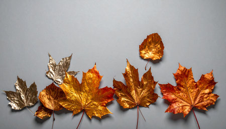 A collection of maple leaves, painted in shimmering metallic shades of gold, bronze, and silver, are artfully arranged against a sophisticated gray background. This elegant, minimalist composition evokes a sense of modern autumn luxury, perfect for seasonal decorations or festive invitations.の素材