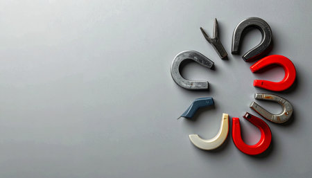 A top-down view captures the diverse world of equestrian care. An assortment of horseshoes, from weathered and traditional to modern and colorful, are arranged in a circle, symbolizing the cycle of a farriers craft and the unique needs of every horse. The collection rests on a clean gray background, offering ample copy space.の素材