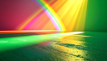 A dazzling display of prismatic light cuts through the darkness, casting a vibrant rainbow across a wet, reflective surface. This dynamic and futuristic scene evokes a sense of energy, innovation, and celebration, perfect for backgrounds related to technology, events, or modern art.の素材