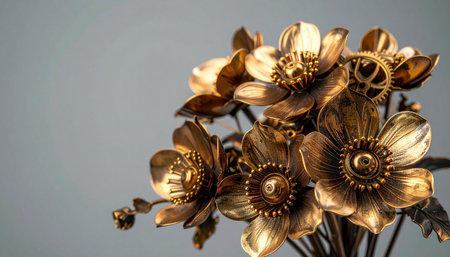 In a workshop where time is measured in the turning of cogs, a bouquet of eternal bronze flowers comes to life. Each petal and gear is meticulously crafted, capturing a timeless romance that blends the beauty of nature with the ingenuity of industrial art.の素材