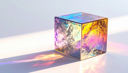 A single iridescent cube sits on a clean white surface, catching the direct sunlight. The light passes through, fracturing into a brilliant spectrum of colors, casting a long, vibrant shadow that paints a story of innovation, technology, and the beautiful physics of light.の素材