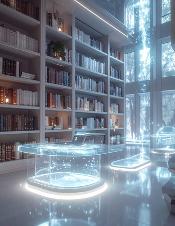 In a library where ancient wisdom meets cutting-edge technology, holographic tables display vast streams of digital information. This is the future of research and learning, a seamless integration of physical books and augmented reality archives.の素材