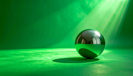 In a mysterious green haze, a single chrome sphere rests as the focal point, illuminated by a dramatic beam of light from above. This minimalist and futuristic scene evokes concepts of discovery, core data, or a powerful new idea coming to light.の素材