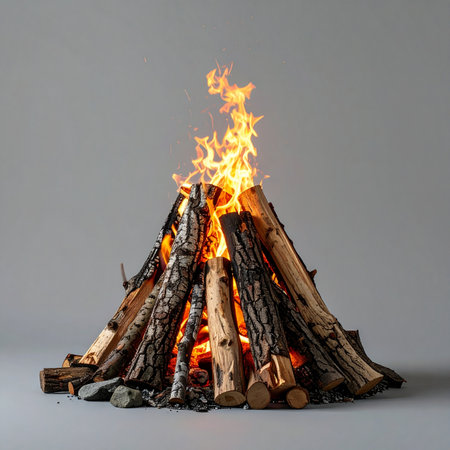 The elemental power and warmth of a crackling campfire, captured in perfect isolation. This studio shot highlights the vibrant flames and glowing embers, offering a clean, versatile image for concepts of energy, survival, or storytelling.の素材