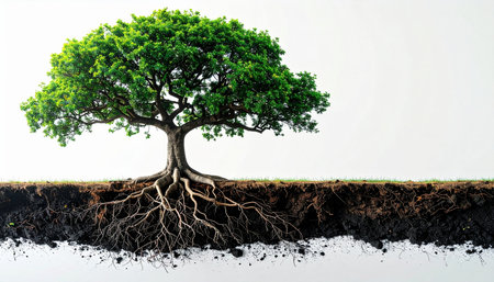 A vibrant green tree stands tall, its lush canopy a symbol of life. Below the surface, a complex and powerful root system spreads through the rich soil, illustrating the hidden strength, deep foundation, and essential connections that support all growth and success.の素材