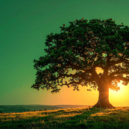 A majestic, ancient oak tree stands alone in a grassy field, its powerful silhouette framed by the warm, golden glow of a setting sun. The tranquil scene evokes feelings of peace, strength, and timeless endurance.の素材