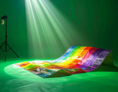 In a minimalist green studio, a single, powerful spotlight cuts through the haze, illuminating a vibrant, rainbow-colored fabric. The scene evokes a sense of creative discovery, performance, and the magic of production, placing color and light at center stage.の素材