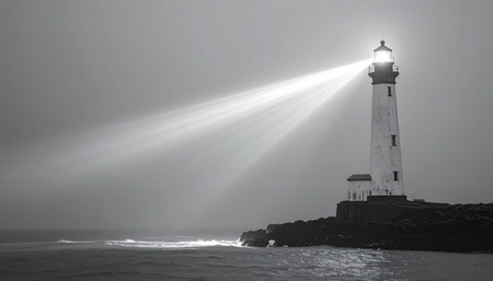 In the deep, impenetrable fog of a moonless night, a solitary lighthouse stands firm against the unseen waves. Its powerful beam of light cuts through the darkness, a steadfast symbol of guidance, safety, and unwavering hope for those navigating treacherous waters.の素材