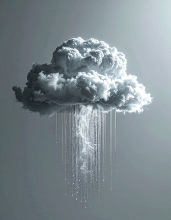 A solitary, hyper-realistic cloud floats in a serene gray space, releasing a downpour of digital rain. This conceptual artwork represents ideas of cloud computing, data streams, information overload, or a metaphorical brainstorm, blending nature with technology.の素材