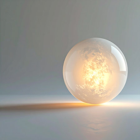 A single, luminous orb rests in a quiet, minimalist space, its internal light source pulsing with warm energy. This abstract image symbolizes a nascent idea, a core of potential, or a source of calm and powerful innovation waiting to be unleashed.の素材