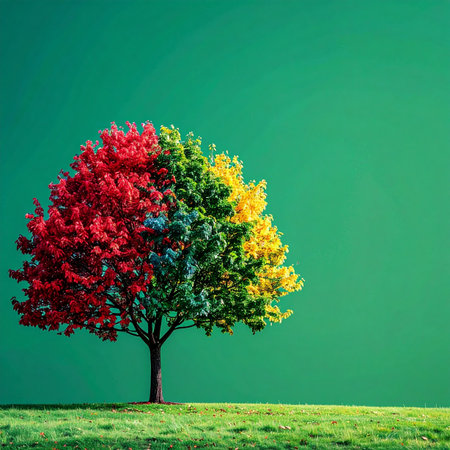 A solitary tree stands proudly, its canopy a vibrant tapestry of red, green, and yellow. Set against a clean green background, this image symbolizes unity in diversity, the fusion of different seasons, and the concept of holistic growth from a single strong root. Its a powerful visual for ideas of teamwork, creativity, and environmental harmony.の素材