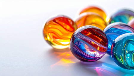 A beautiful collection of classic glass marbles glows with vibrant color as light streams through them. The intricate swirls of red, blue, and orange create a mesmerizing display of light and shadow, evoking a sense of childhood nostalgia and simple joy.の素材