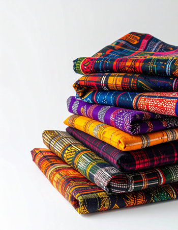 A vibrant stack of intricately woven textiles showcases a rich tapestry of color and tradition. Each folded piece tells a story of heritage and skilled craftsmanship, creating a beautiful display of cultural artistry against a clean white background.の素材