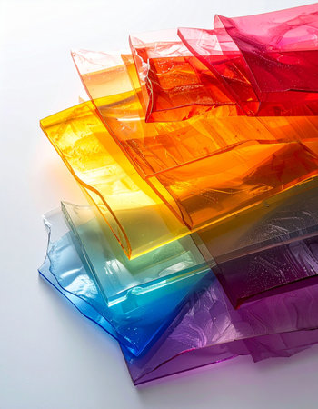 A vibrant cascade of translucent colored sheets is artfully stacked, creating a beautiful rainbow spectrum. The interplay of light, color, and texture evokes a sense of modern creativity, diversity, and joyful energy, perfect for design and abstract concepts.の素材