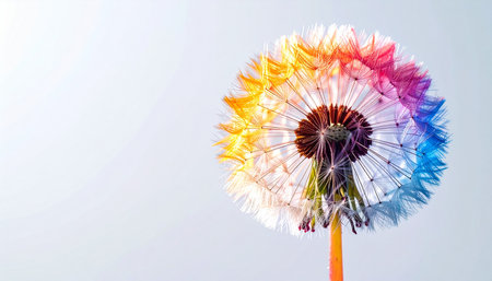 A single dandelion bursts into a spectrum of rainbow colors, symbolizing creativity, diversity, and the beautiful potential of a wish. Set against a clean, minimalist background, this image evokes a sense of hope, imagination, and joyful new beginnings.の素材