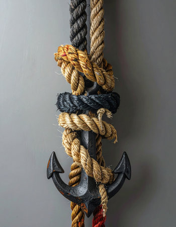 A powerful visual metaphor, this close-up shows a dark metal anchor entwined with thick, textured ropes. It represents stability, security, and a strong foundation, symbolizing resilience and hope through complex challenges and long journeys.の素材