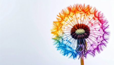 A single dandelion seed head bursts with the vibrant colors of the rainbow, transforming a common weed into a symbol of hope, diversity, and dreams. This macro shot captures the delicate fragility and magical potential within nature, offering a concept of joy, pride, and creative imagination against a clean, bright background.の素材