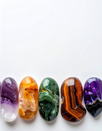 A colorful collection of polished healing crystals and gemstones arranged in a neat row. This minimalist composition on a clean white background evokes a sense of calm, spiritual energy, and natural beauty, perfect for wellness and esoteric themes.の素材