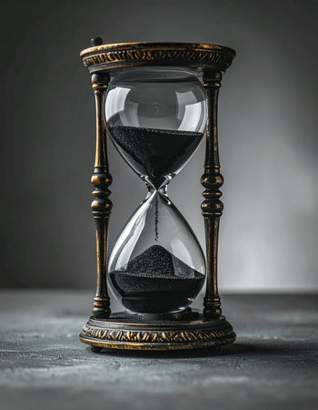 An elegant vintage hourglass with black sand marks the inexorable passage of time. Set against a dramatic, dark background, each grain represents a fleeting moment, symbolizing deadlines, history, and the finite nature of opportunity.の素材