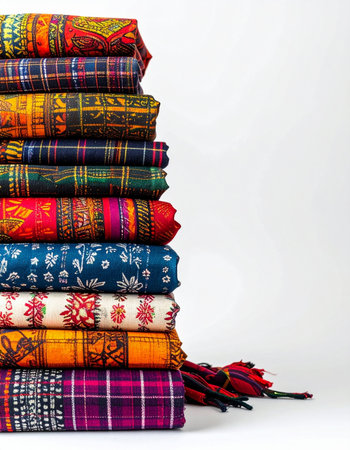 A vibrant collection of intricately patterned textiles stacked high against a clean white background. Each fold reveals a new world of color and design, from traditional plaid to exotic florals, suggesting a rich tapestry of culture and artisanal craftsmanship.の素材