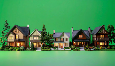 A row of charming, illuminated model homes stands in a perfect line against a vibrant green background. Each house, with its warm lights glowing from within, represents a unique dream of homeownership, community, and suburban tranquility. This idealized neighborhood symbolizes real estate investment, property development, and the concept of finding the perfect place to call home.の素材