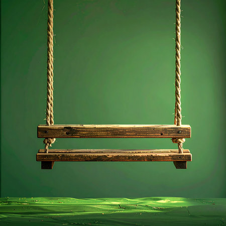 An empty wooden swing hangs silently in a softly lit green room, evoking a sense of quiet nostalgia and childhood memories. It waits patiently, a symbol of simple joys, solitude, and the peaceful passage of time.の素材