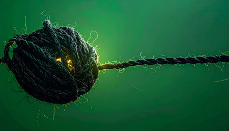 In the deep, murky green, a complex knot holds fast, its fibers strained under immense tension. From its very core, a mysterious light glows, hinting at a hidden power, a secret connection, or the solution to an intricate problem held within its tight embrace.の素材