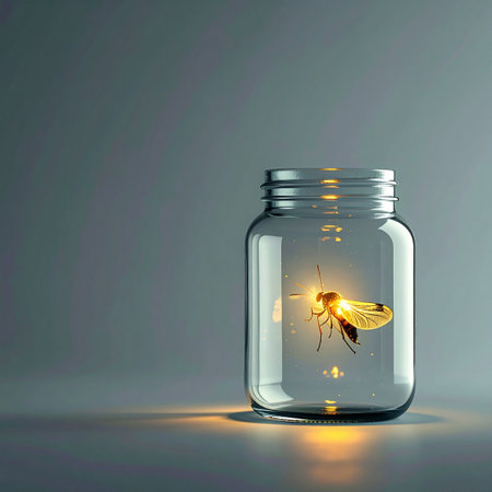 A single, luminous firefly is captured within a clear glass jar, its gentle glow creating a magical and poignant scene. This image symbolizes a captured idea, a moment of inspiration, or the delicate beauty of nature held in suspension. The minimalist background focuses all attention on the solitary spark of light, evoking feelings of wonder, hope, and quiet contemplation.の素材