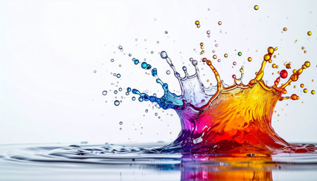 A spectacular collision of vibrant rainbow colors frozen in time. This high-speed photograph captures the dynamic energy of liquid in motion, creating an abstract crown splash that symbolizes creativity, innovation, and the beautiful fusion of ideas.の素材