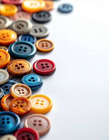 A vibrant assortment of colorful sewing buttons is neatly arranged along the side, creating a cheerful border against a clean white background. This image evokes a sense of creativity, nostalgia, and the simple joy of crafting and mending, with ample copy space for design projects.の素材