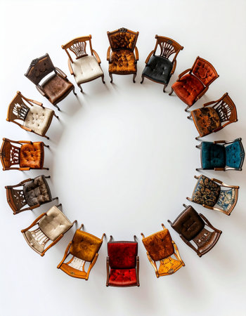 An overhead view captures a diverse collection of chairs arranged in a perfect circle, awaiting a gathering. Each unique seat represents a different perspective, ready to contribute to a shared conversation, symbolizing unity, collaboration, and the power of community.の素材