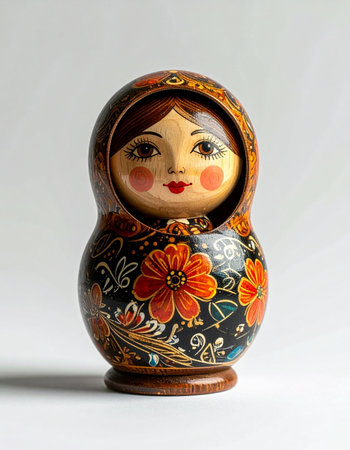 A beautifully hand-painted Matryoshka doll stands alone, its vibrant floral patterns telling a story of Russian folk art and tradition. Each layer holds a secret, symbolizing the deep connections of family and the generations hidden within one another.の素材