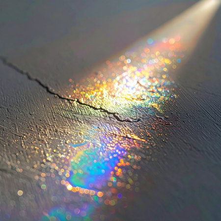 A focused beam of light strikes a dark, textured surface, revealing a hidden crack. As the light passes through the fissure, it refracts into a brilliant, iridescent rainbow, transforming a flaw into a display of ethereal beauty. This macro image symbolizes discovery, hope, and finding beauty in imperfection.の素材