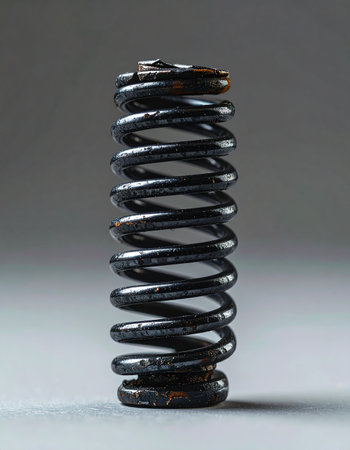 A close-up studio shot of a single, worn metal compression spring standing against a neutral grey background. This industrial component symbolizes stored potential energy, resilience under pressure, and the fundamental principles of mechanical force and engineering.の素材