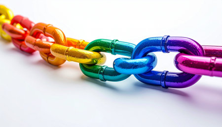 A vibrant, rainbow-colored chain stretches across a clean white background, its interconnected links shining brightly. Each color flows seamlessly into the next, creating a powerful visual metaphor for diversity, unity, and the unbreakable strength found in connection and community.の素材