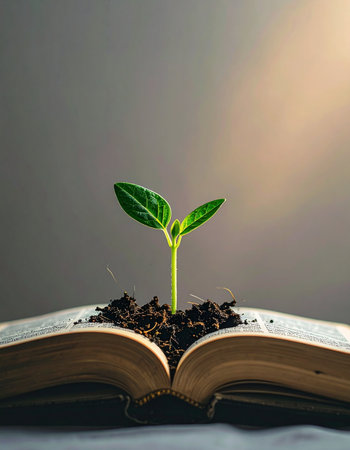 A small green seedling emerges from rich soil placed on the pages of an open book, symbolizing the powerful connection between knowledge, learning, and personal growth. This conceptual image represents new beginnings, the cultivation of ideas, and the potential that blossoms from education.の素材