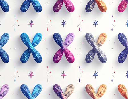 A vibrant and stylized representation of X chromosomes, symbolizing the intricate code of life. This pattern explores the beauty within genetics, heredity, and the colorful diversity of biological information, making it ideal for scientific, medical, or technological concepts.の素材