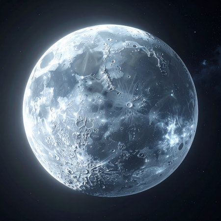 Gazing up at the night sky, the full moon reveals its ancient secrets. Every crater and valley is illuminated in a cool, ethereal glow, a silent testament to cosmic history. This detailed view invites a sense of wonder, exploration, and the quiet majesty of the universe.の素材