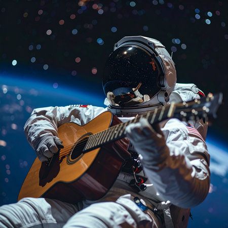 An astronaut floats in the vastness of space, strumming a gentle melody on an acoustic guitar. With the Earth and a sea of stars as a backdrop, this cosmic musician finds a moment of peace and creativity, showcasing that art and passion know no boundaries.の素材