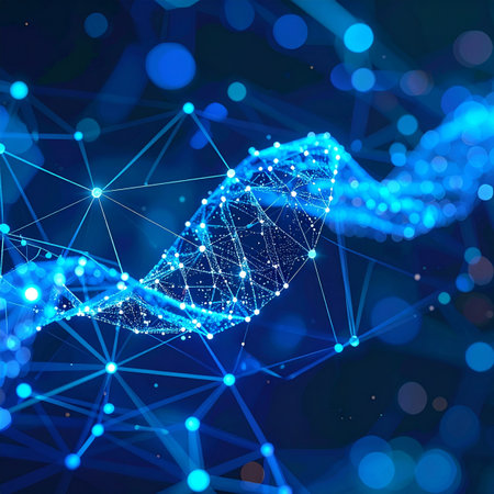 A luminous digital representation of a DNA helix floats in a network of interconnected nodes, symbolizing the future of genetic research, biotechnology, and personalized medicine. This abstract visualization captures the complexity and innovation of data-driven scientific breakthroughs.の素材