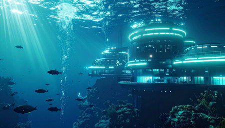 In the serene depths of the ocean, a futuristic metropolis thrives. Glowing architecture illuminates the marine life swimming past, as sunbeams from the surface pierce the water, revealing a harmonious blend of advanced technology and nature.の素材
