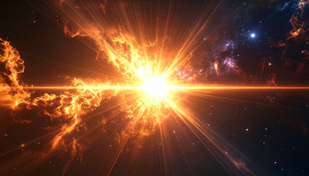 A cataclysmic stellar explosion radiates immense energy and light across the cosmos. This powerful supernova represents concepts of creation, destruction, a big bang, and the origins of the universe, serving as a metaphor for a powerful breakthrough or a new beginning.の素材