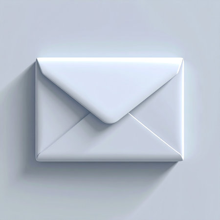 A clean, minimalist 3D rendering of a sealed white envelope rests on a soft gray background. Its simple form and subtle shadows evoke a sense of anticipation and importance, perfect for concepts of communication, confidential messages, or significant news.の素材