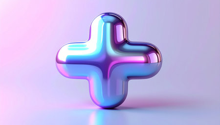 A vibrant, iridescent plus sign floats against a soft pastel background. This 3D rendered icon, with its smooth, metallic surface and holographic sheen, symbolizes positivity, growth, and digital innovation. Its a modern and futuristic representation of addition, connection, and creative concepts.の素材