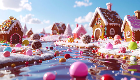 A magical village of gingerbread houses sits nestled in a landscape made entirely of sweets. A vibrant candy river flows through the town, dotted with colorful gumballs and treats, under a bright, cheerful sky. This enchanting scene captures the pure joy and wonder of a childhood holiday dream.の素材