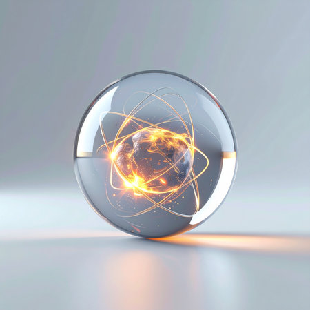A glimpse into the future of power, where immense atomic energy is safely contained within a pristine glass sphere. This visual represents a breakthrough in quantum physics, symbolizing innovation, clean energy, and the untapped potential at the heart of matter.の素材