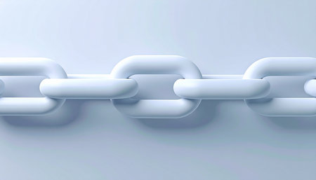 A clean, minimalist 3D rendering of a white chain against a soft pastel background. The interconnected links create a powerful visual metaphor for concepts like connection, strength, teamwork, and the unbreakable bonds of a secure network or system. Ideal for business, technology, and abstract design themes.の素材