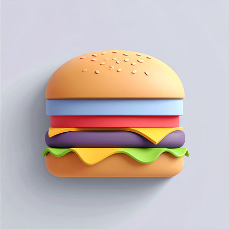 A playful and modern take on a classic comfort food. This stylized 3D hamburger, with its clean lines and vibrant, unconventional colors, represents creative concepts in food, design, and digital art. Perfect for app icons or web graphics.の素材